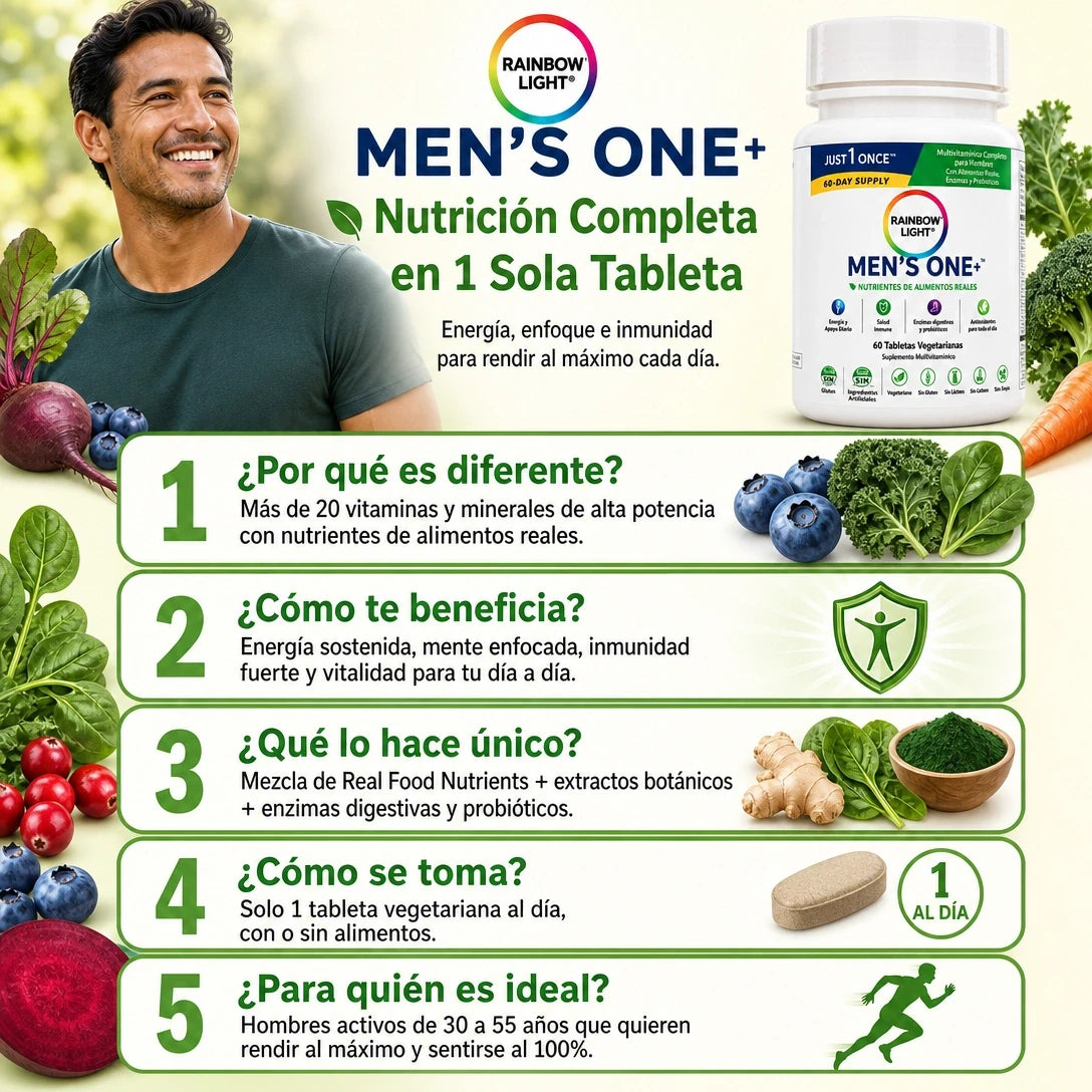 MEN’S ONE+ RAINBOW LIGHT 120 TABLETAS – NUTRICIÓN DIARIA COMPLETA EN 1 TOMA 💪🌿⚡ PACK AHORRO