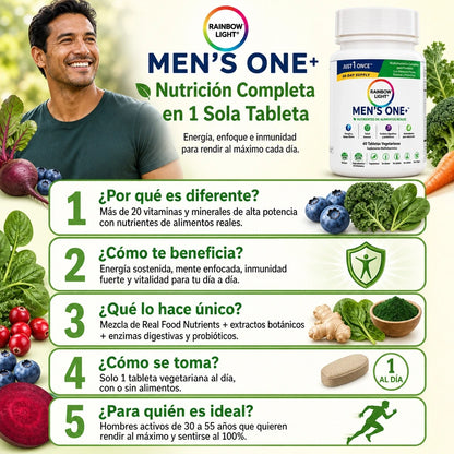 MEN’S ONE+ RAINBOW LIGHT 120 TABLETAS – NUTRICIÓN DIARIA COMPLETA EN 1 TOMA 💪🌿⚡ PACK AHORRO